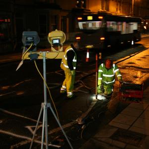 work on bath city centre at night